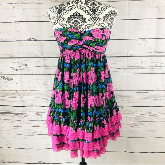Betsey Johnson 100% Silk Floral Rose Strapless Babydoll Dress Lace Size 4 - Picture 1 of 13